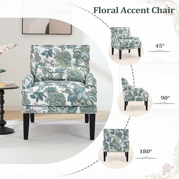 ANJ Floral Accent Chair with Lumbar PillowUpholstered Wingback Reading Armchair with Nailhead Trim Mid-Century Single Sofa Chair for Living Room Bedroom Green Floral