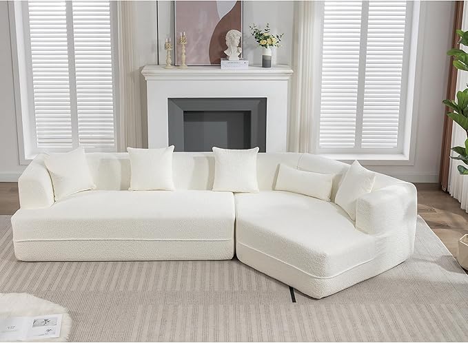 KEIKI 128 Oversized Modular Boucle Sectional Sofa with Flared Armrest Modern Minimalist Style 3-Seater Reversible Combination Couch Easy Assembly for Apartment Living Room Bedroom Creamy White