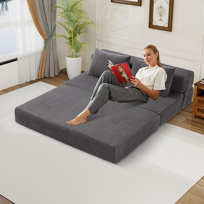 Folding Sofa Bed Full Size Modern Corduroy Floor Boneless Loveseat Couch Bed with 2 Pillows Comfy 3 in 1 Convertible Sleeper Sofa for Living Room Apartment Dorm Small Space Grey