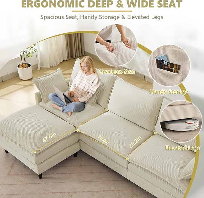 SAMERY 113 Modular Sectional Sofa Comfy Cloud Couch with Movable Ottoman Pillows Deep Seat Corduroy Modular Sofa L Shaped Cloud Sectional Couches for Living Room Bedroom Apartment Beige