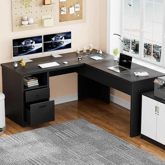 Unikito L Shaped Desk with Lift Top and Drawers Large Office Desk with Power Outlets and USB Charging Ports Sturdy Corner Computer Desk Writing Table with Storage L Shape Standing Desk Black