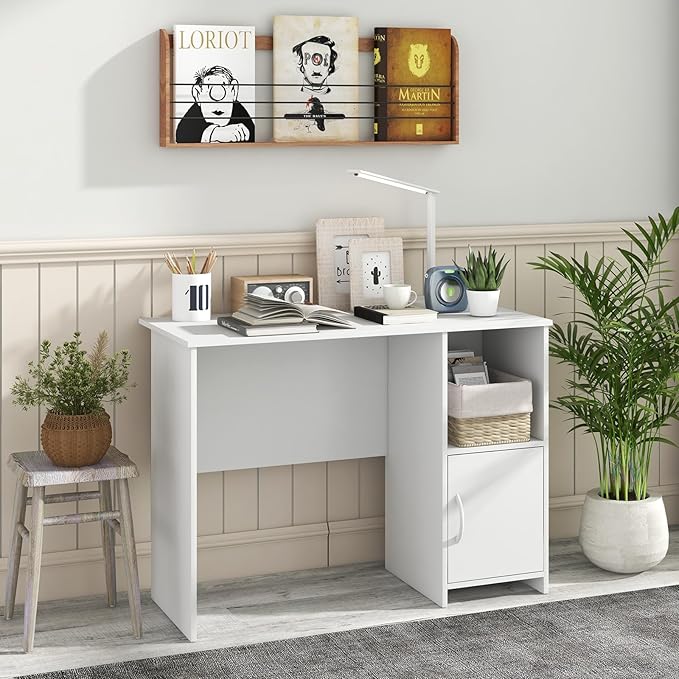 COSTWAY 42” White Home Office Desk Modern Computer Workstation with Open Compartment &amp Cabinet Compact Writing Desk with Cable Holes for Bedroom Study Room Dorm