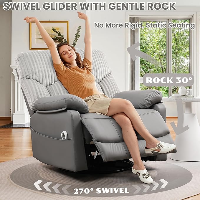 GRAINELL Swivel Rocker Recliner Chair with Massage and Heat USB Charging Port Infinite Position Power Recliner Electric Glider Rocking Chairs for Living Room Nursery (Grey)