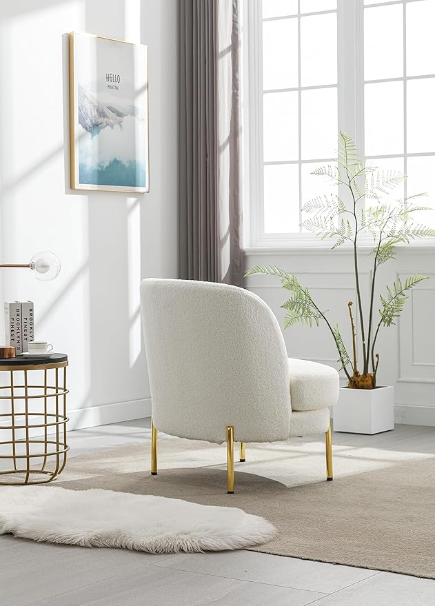 28.4 W Accent Chair Upholstered Curved Backrest Reading Chair Single Sofa Leisure Club Chair with Golden Adjustable Legs for Living Room Bedroom Dorm RoomIvory Boucle