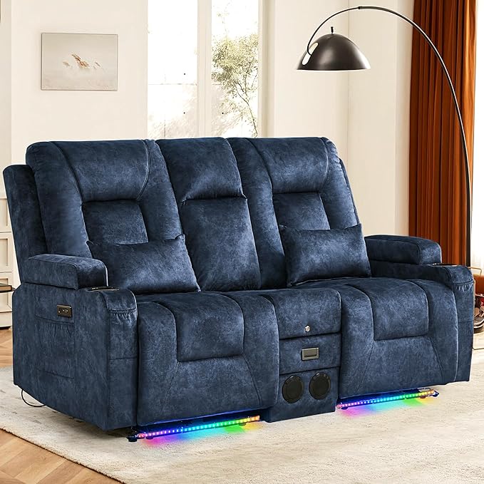 Houjud Power Reclining Loveseat Recliner Sofa with Console Wall-Hugger RV Couch with USB Ports Cup Holders Bluetooth Speakers &amp Ambient Lighting for Home Theater or Camper Velvet Blue