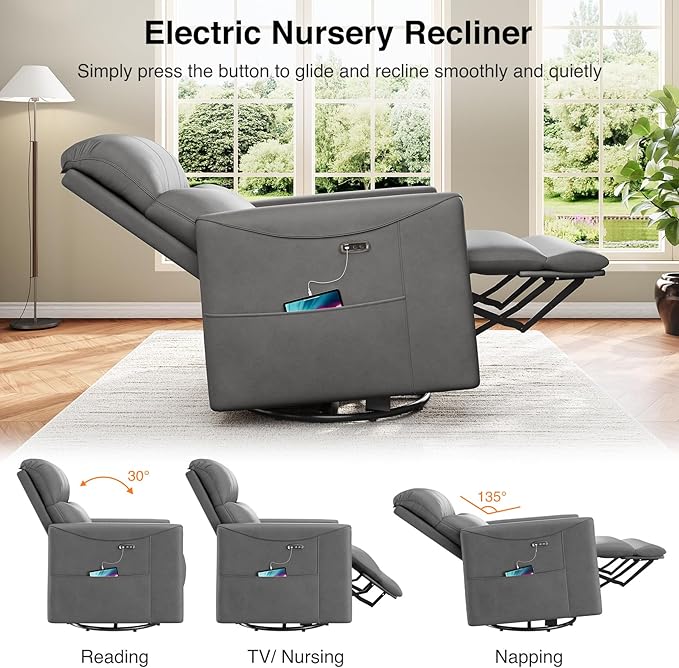 Power Swivel Rocker Recliner Power Recliner Chair 360° Swivel Small Recliners for Small Spaces Infinite Position Rocking Chair Nursery PU Leather Living Room Chairs with USB Port Gray