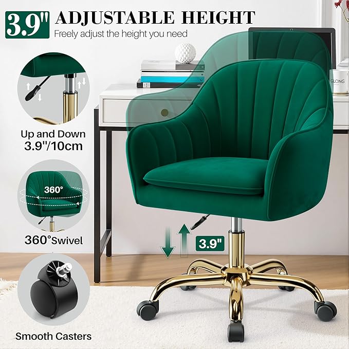Vanity Chair with Wheels Comfy Home Office Desk Chairs Adjustable Modern Velvet Makeup Vanity Chairs for Bedroom Living Room-Green