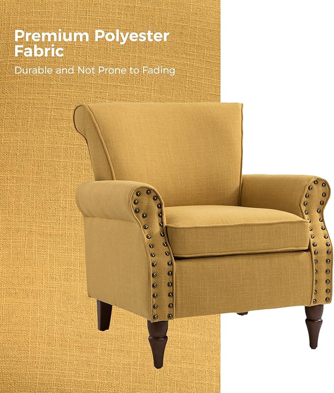 HULALA HOME Accent Chair with Wood Legs &amp Removable Cushion Modern Wingback Armchair with Nailhead Trim Comfy Upholstered Lounge Chair Single Sofa Chairs for Living Room Bedroom Mustard