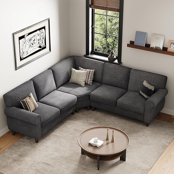 ONBRILL 101 L Shaped Couch Sectional Corner Sofa with Rolled Arms 5 Seater Chenille Fabric Couch w/Springs Seat Cushion Wooden Legs Comfy Oversized Sofa for Living Room Apartment Grey