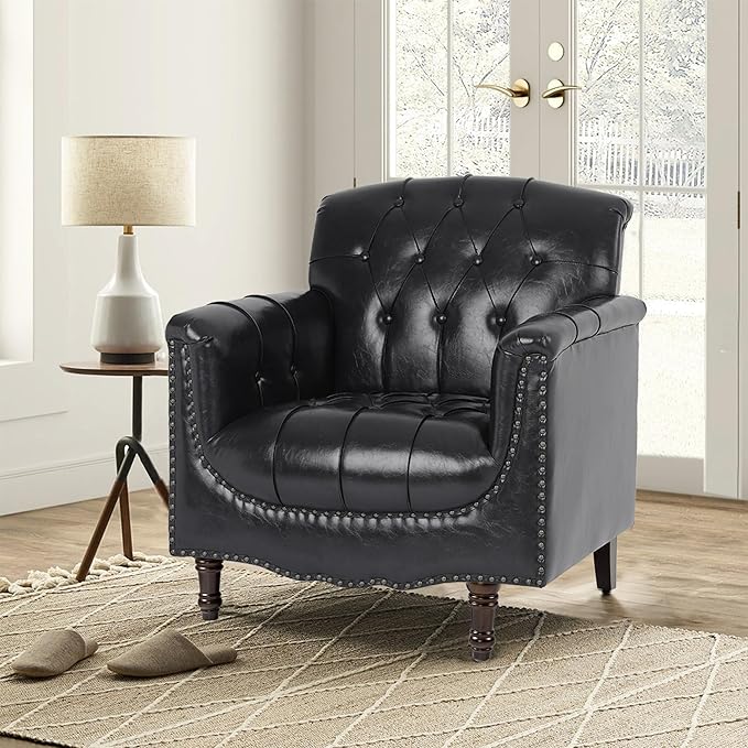 Faux Leather Accent Chair PU Leather Modern Comfy Upholstered Armchair with Wood Legs &amp Nailhead Trim for Living Room Bedroom (Black BlueSet of 1)