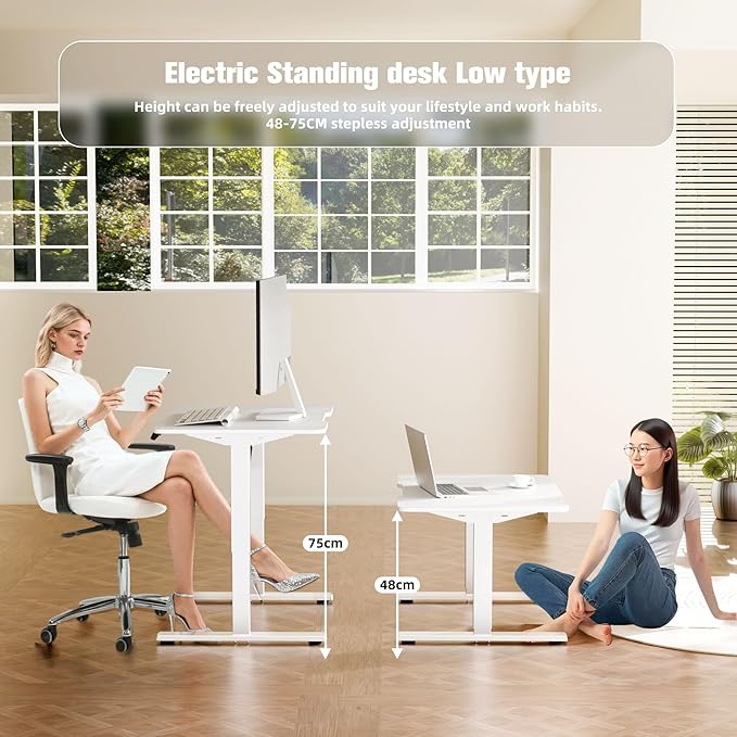 ERGOMAKER Low Height Adjustable Desk with Lockable Wheels Lifts 18.9-29.5 31.5 x 23.6 Electric Small Standing Desk with Splice Board for Home Office &amp Short People(White Frame White Desktop