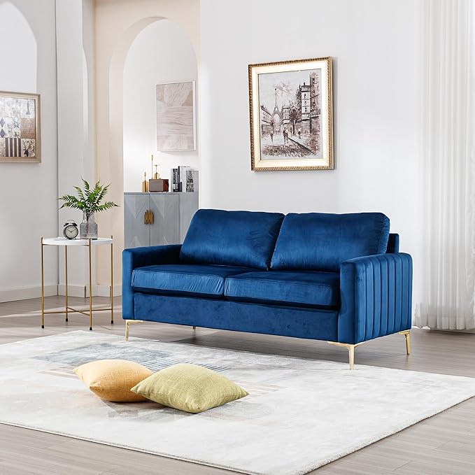 Small Couch for Bedroom 65 Mid Century Modern Loveseat Sofa Love Seat Living Room Comfy Channel Tufted Velvet Upholstered 2 Seater Sectional Couches for Small Space Office Apartment (Navy Blue)