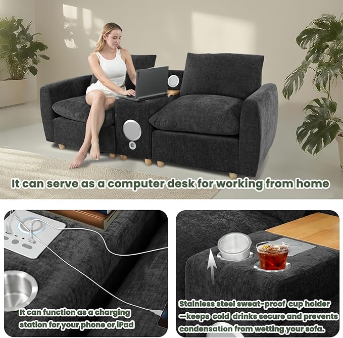 Brelice Modular Sofa Console with Wireless Charging &amp Bluetooth Speaker - All-in-One Armrest Organizer with Wired Charging Storage Tray Volume Control for Sectional Couch Living Room