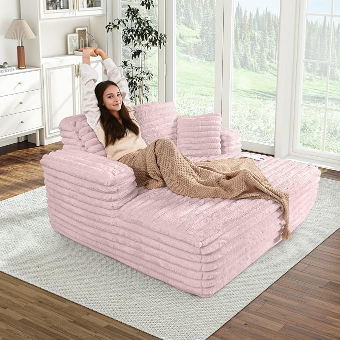 Chaise Lounge Chair Indoor Comfy Corduroy Plush Fluffy Foam Floor Compression Sofa Chair Leisure Reading Single Sleeper Chaise Chair for Living Room Bedroom Office Pillows Included (Pink)