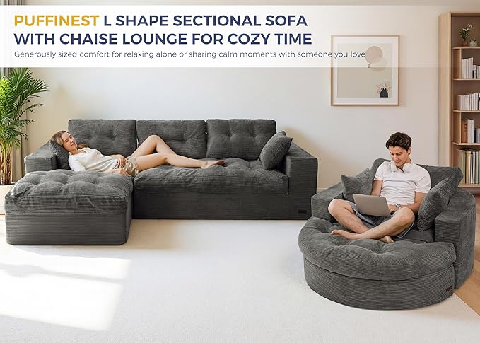 MAXYOYO L Shape Sectional Sofa Couch and Round Chaise Lounge Modern Cloud Couch with Ottoman Comfy Sofa with Layered Cushion Tufted Upholstered Sleeper Chair for Living Room No Assembly Required