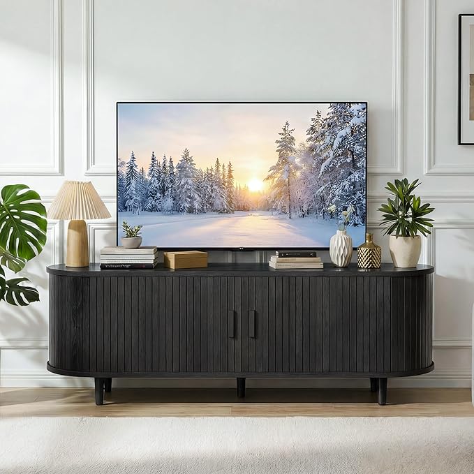 58 Mid Century Modern TV Stand Wood TV Consoles with Sliding Doors and Power Outlet Fluted Entertainment Center with Adjustable Shelves Media Console for Living Room Black