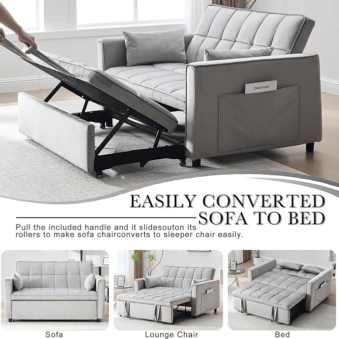Velvet 3-in-1 Convertible Sofa Bed - USB Charging Port Adjustable Backrest Loveseat Sleeper for Small Space Apartment Versatile Futon Pull Out Couch for Living RoomGray