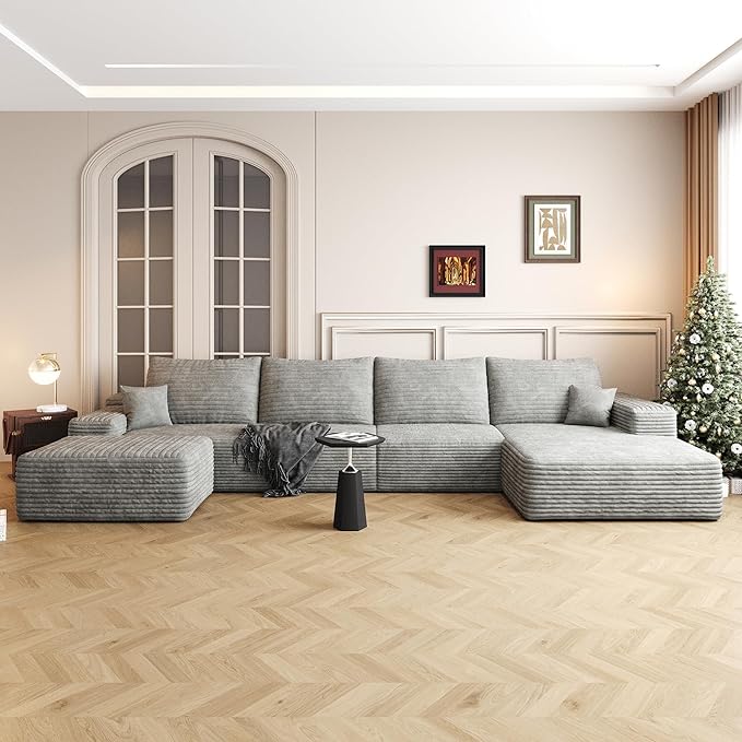 135 Boneless Cloud Modular Sectional Sofa 1 Ottoman – U-Shape Corduroy CouchSpacious Deep Seating No Assembly Ideal for Family Living RoomsGrey