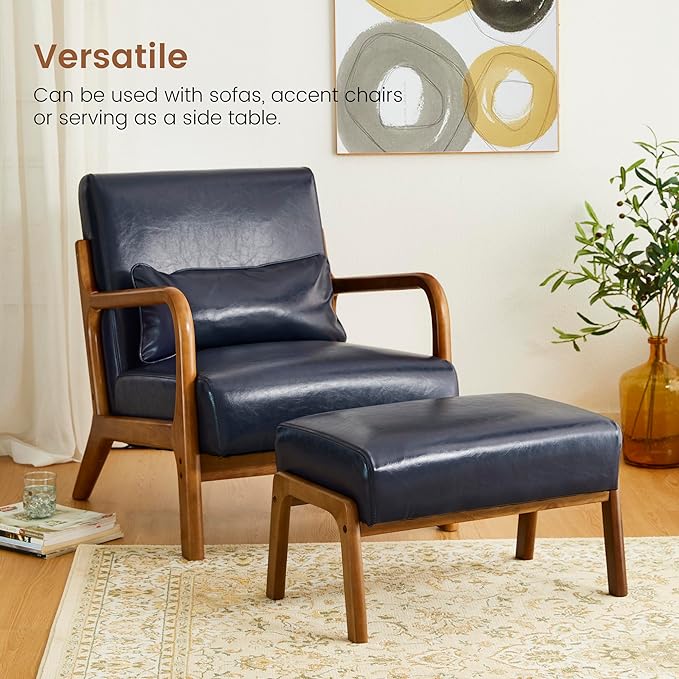 Glitzhome Accent Chair and Foot Stool Set Leatherette Armchair with Walnut Rubberwood Legs and High Back Footrest Ottoman for Living Room Lounge Navy Blue
