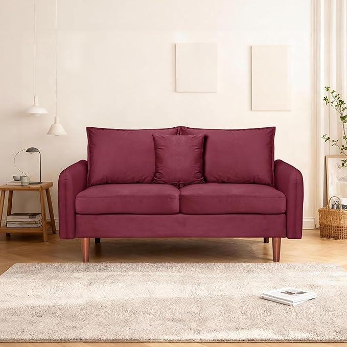 56.1 Round Arm Velvet Loveseat with Side Pockets and a Square Pillow (Burgundy) | Side Storage Pockets Pillow Included