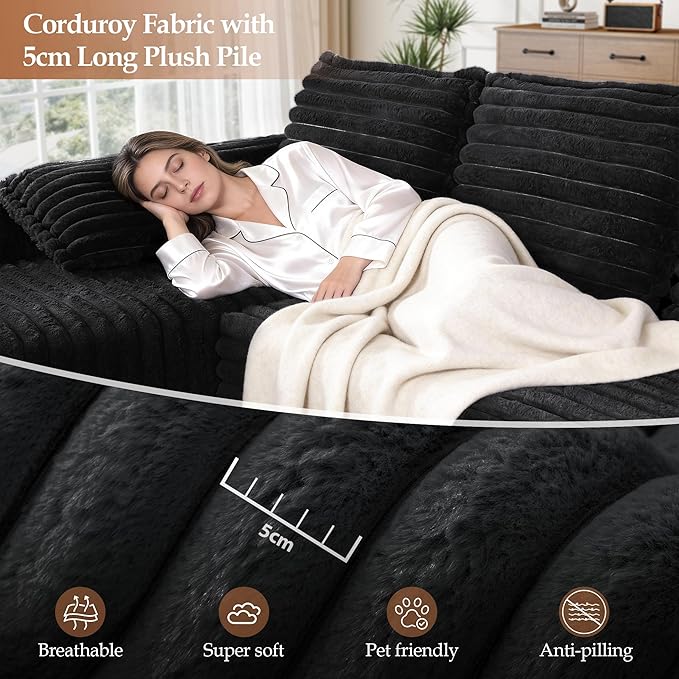 Cloud Boneless Sofa Oversized Modular Sectional L-Shape Sofa with Chaise High Backrest Corduroy Fabric Couch with USB Charging Ports Cup Holders &amp Pillows for Living Room (Black)