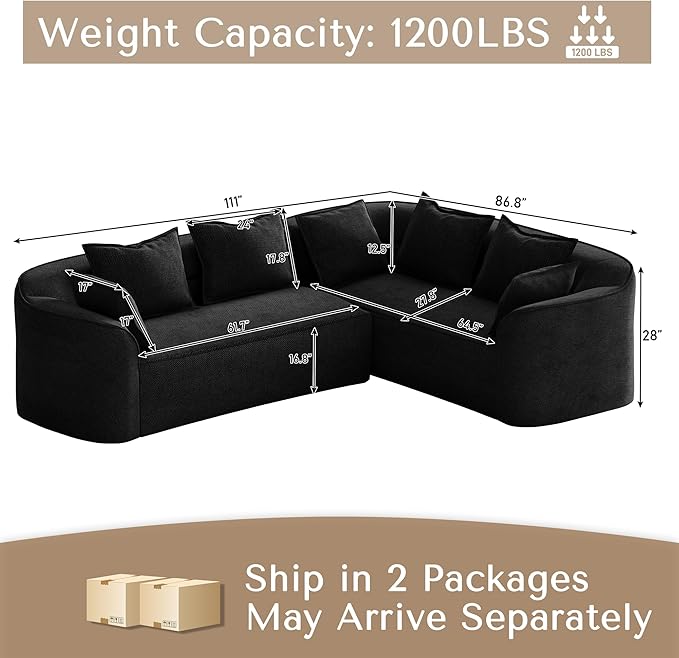 OUYESSIR 111 Oversized Sectional Sofa for Living Room Modern Luxury Chenille 4-Seater Couch Extra Deep Seat L-Shape Curved Cloud Couch with 7 Throw Pillows Black