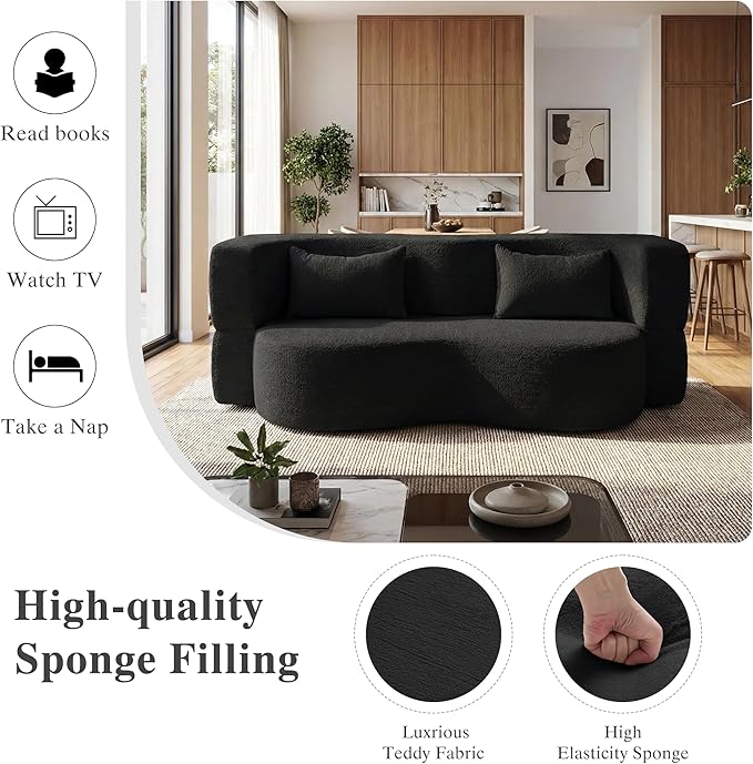 Modern Convertible Sleeper Sofa BedCompact Couch Loveseat Sofa Curved Seating Floor Couch Comfy Teddy Fabric SofaSoft Cloud Couch with Pillows for Apartment Living Room Bedroom (Black)