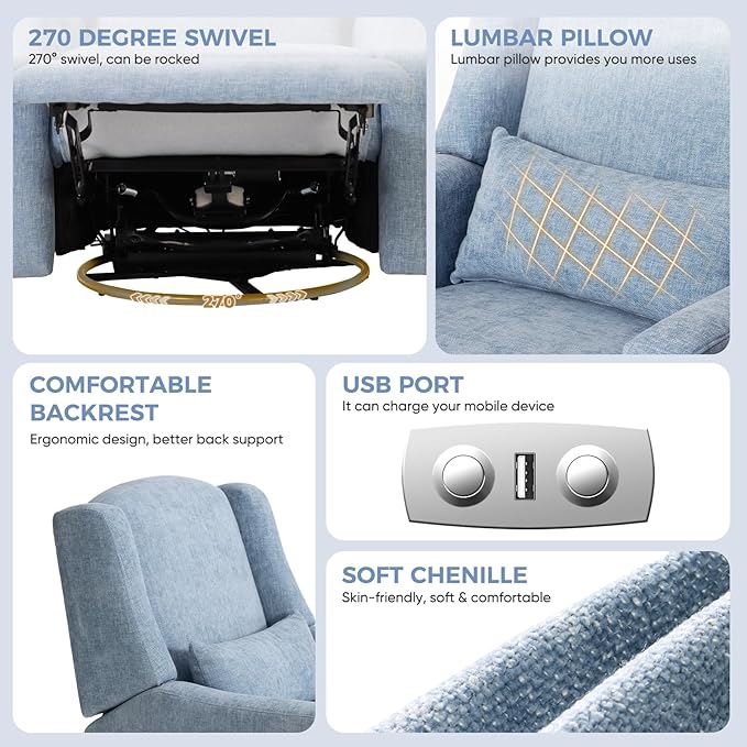 Power Recliner Chair Swivel Glider Large Rocker Recliner w/USB Charging Port Chenille Upholstered Nursery Glider for Bedroom NurseryLiving Room Set of 2 Blue