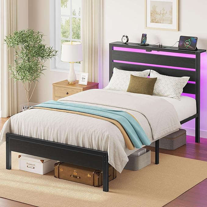 Rolanstar Bed Frame Twin Size with USB Charging Station LED Bed Frame with Wood Storage Headboard Black Metal Platform Bed with Under Bed Storage No Box Spring Needed Noise Free