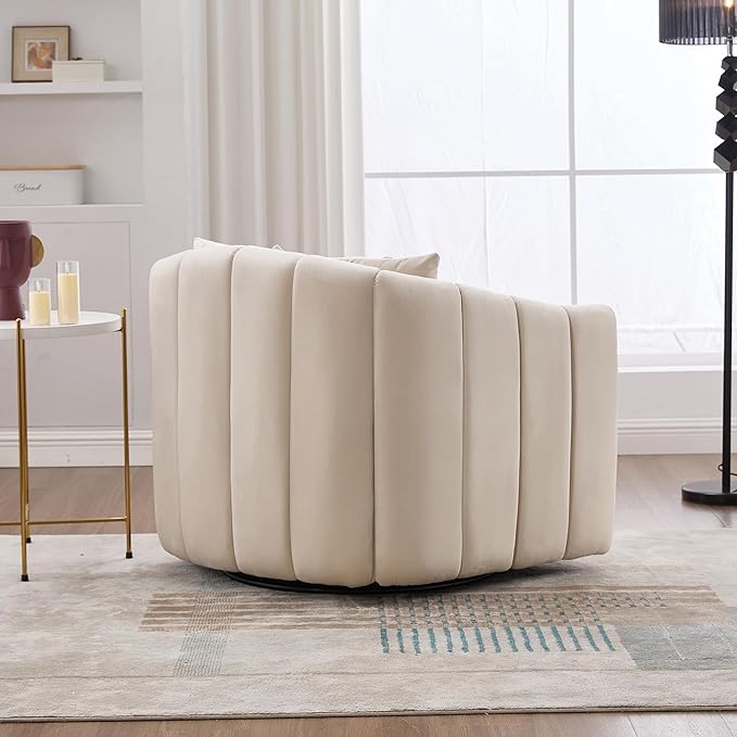 360° Swivel Barrel Chair with Curved Backrest 40 W Velvet Armchair with 3 Soft Pillows Accent Lounge Chair with Channel Tufted Design for Living Room Bedroom Studio Beige