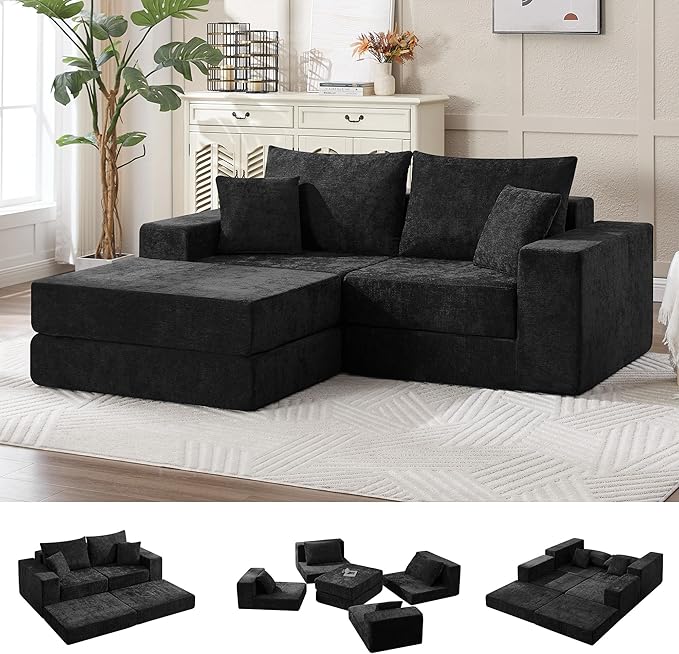 79 Boneless Loveseat Sofa Couch Modular Foldable Floor Cloud Sofa with Ottoman Lounge Convertible Sofa Bed for Living Room No Assembly Chenille Black