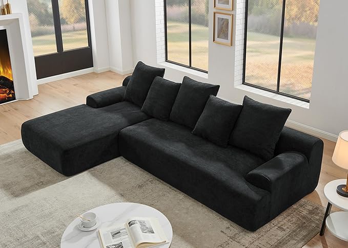 Modular Sectional Sofa Boneless Couch 110'' Comfy Velvet L-Shape Cloud Couch with Deep Seat Modern Minimalist Upholstered Compressed Sofa Cloud Sectional Couches for Living Room Black