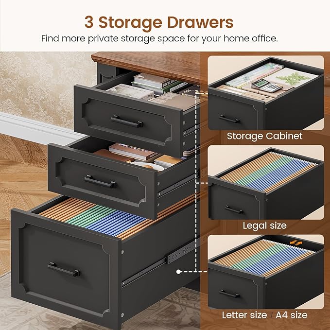 SEDETA Farmhouse L Shaped Desk with Drawers 70.9 Home Office Desk with Storage Cabinet and Storage Shelves L Shaped Computer Desk with Power OutletBlack