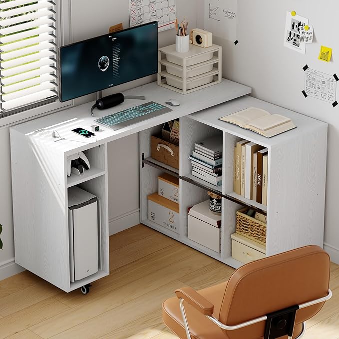 White L-Shaped Computer Desk Table with Charging Station–Small Study Writing Desk with Backless Storage Shelves 67” Bedroom Side Table &amp 360°Rotating Desk