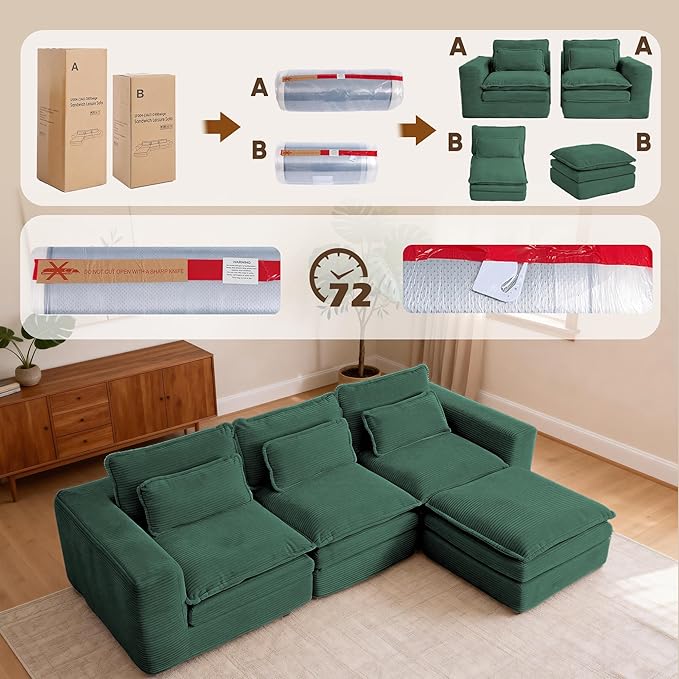 109 L Shape Modular Sectional Sofa with Ottoman Boneless Couch Three-Layer Deep 3 Seat Convertible Pull Out Sofa Bed Sleeper for Living Room No Assembly 109 L-Green