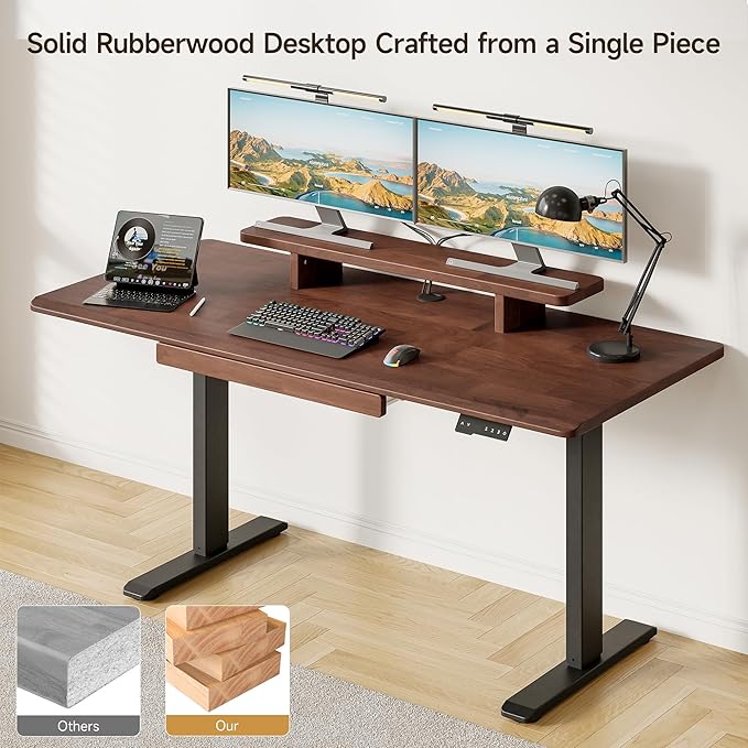 ONBRILL Standing Desk with Drawer 55x23.6 Inches Solid Wood Desktop Stand Up Desk with Whole-Piece Board and Storage Shelf Adjustable Height from 28-46 Inches for Home &amp Office Black Walnut