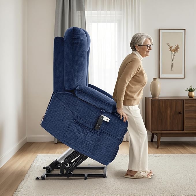 MCombo Oversized Power Lift Recliner Chair with Massage and Heat for Big and Tall Elderly People Cup Holders USB Ports Side Pockets Fabric R7541 (Navy Blue Large-Oversize)