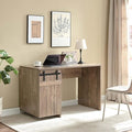 Penau Home Office Desk with Faux Barn Door One Cabinet Three Removable Shelves Metal Euro Hinges Light Brown Finish