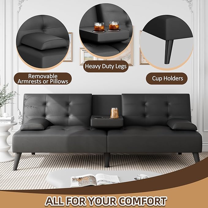 JAMFLY Futon Sofa Bed 64 Small Futon Couch with Adjustable Backrest 3-Angle Recliner Detachable Armrests with Cup Holders for Small Spaces Living Room Apartment Study Room (Black Leather)