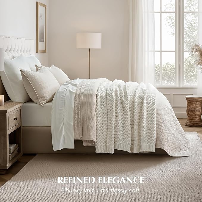 EVERGRACEHOME Chunky Chenille Knit Throw Blanket for Couch Soft Luxurious Moss Stitch Blankets for Bed Cozy Decorative Farmhouse Knitted Throws for Sofa Bright White 50 x 60