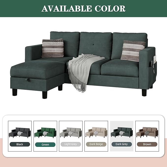 JAMFLY Convertible L-Shaped Sectional Sofa with Reversible Storage Ottoman 3-Seat Modern Fabric Couch for Living Room Small Space Apartment Sofa with Side Pockets &amp Firm Cushions Grey Linen