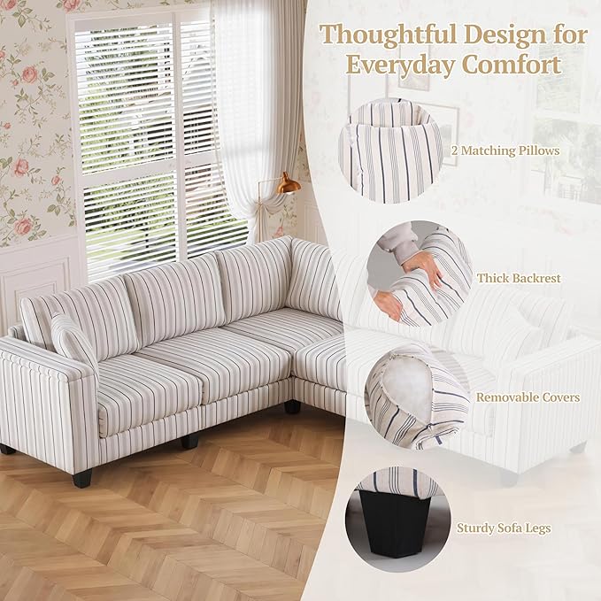 97 Stripe Pattern Sectional Corner Sofa with Storage Armrests &amp 2 Pillows Oversized Modular Couch V-Shape Sofa Upholstered L-Shape Couch 5-Seat Sectional for Living Room Apartment Bedroom