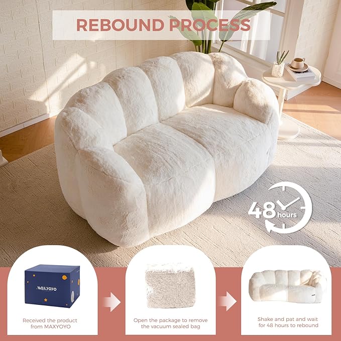 MAXYOYO Bean Bag Chair for Adults Loveseat Floral Shaped Bean Bag Sofa Ultra Soft Love Seat Mini Sofa Couch Faux Fur Reading Chair for Living Room Bedroom Beige