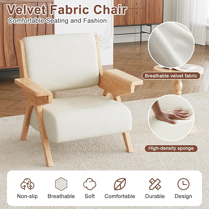 Accent Chair Mid Century Modern Chair Velvet Upholstered Lounge Arm Chair with Solid Wood Cozy Reading Chair for Living Room Bedroom Balcony(White)