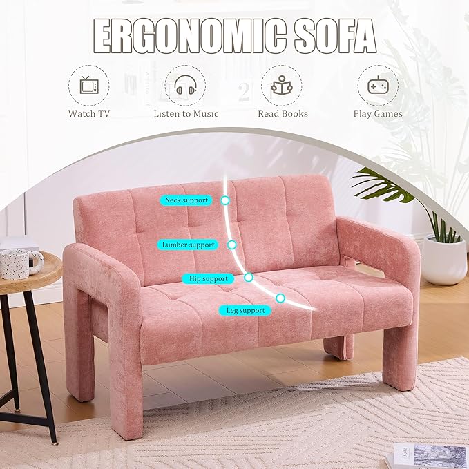 47'' Modern Loveseat Comfortable Small Couch for Two with Chenille Fabric Minimalist Accent Chair for Bedroom Office Entryway Dorm (Pink)