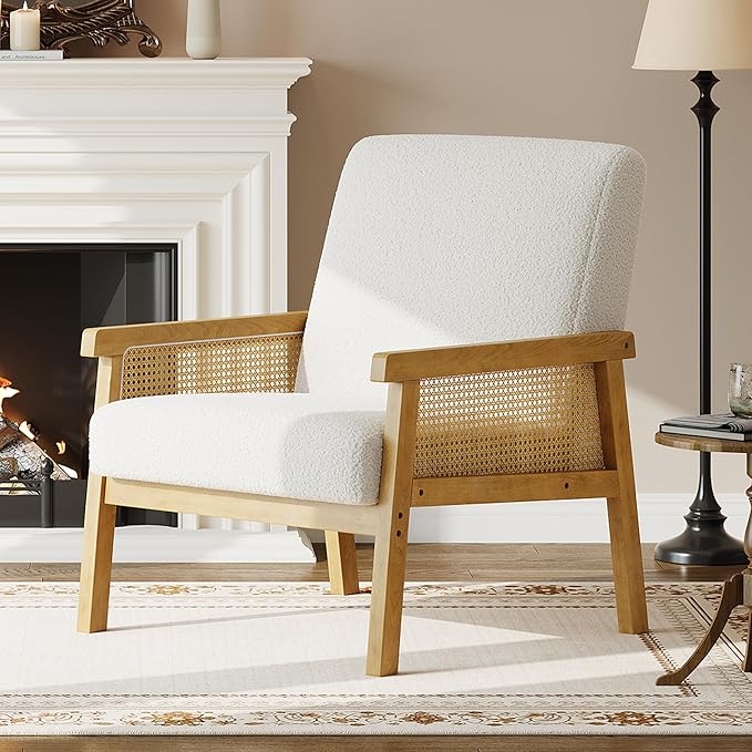 IDEALHOUSE Rattan Accent Chair Boucle Armchair Upholstered Reading Chair with Wooden Frame and High Back Leisure Chairs for Living Room Bedroom Waiting Room Reception White