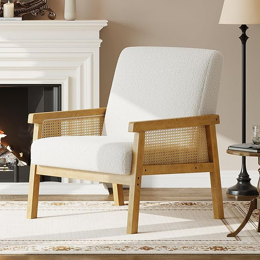 IDEALHOUSE Rattan Accent Chair Boucle Armchair Upholstered Reading Chair with Wooden Frame and High Back Leisure Chairs for Living Room Bedroom Waiting Room Reception White
