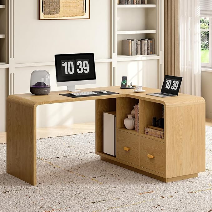 ONBRILL 58 Executive L Shaped Desk Home Office Desk with File Drawers Computer Desk with Power Outlets and Storage Shelves Corner Computer for Home Office (Natural Oak)