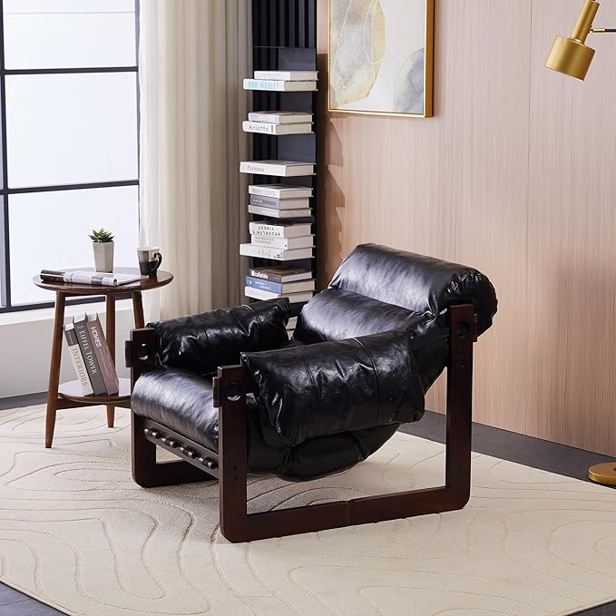 Leather Accent Chair Mid Century Modern Lounge Chair with Removable Armrests Oil Wax Faux Leather Armchair for Living Room Bedroom Office (Antique Black)