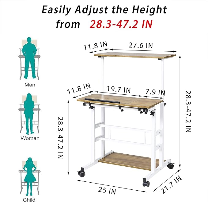 UNICOO Portable Standing Desk on Wheels Height Adjustable Mobile Workstation Versatile for Home Office Rolling Sit to Stand Design Ergonomic - (U101-AO)